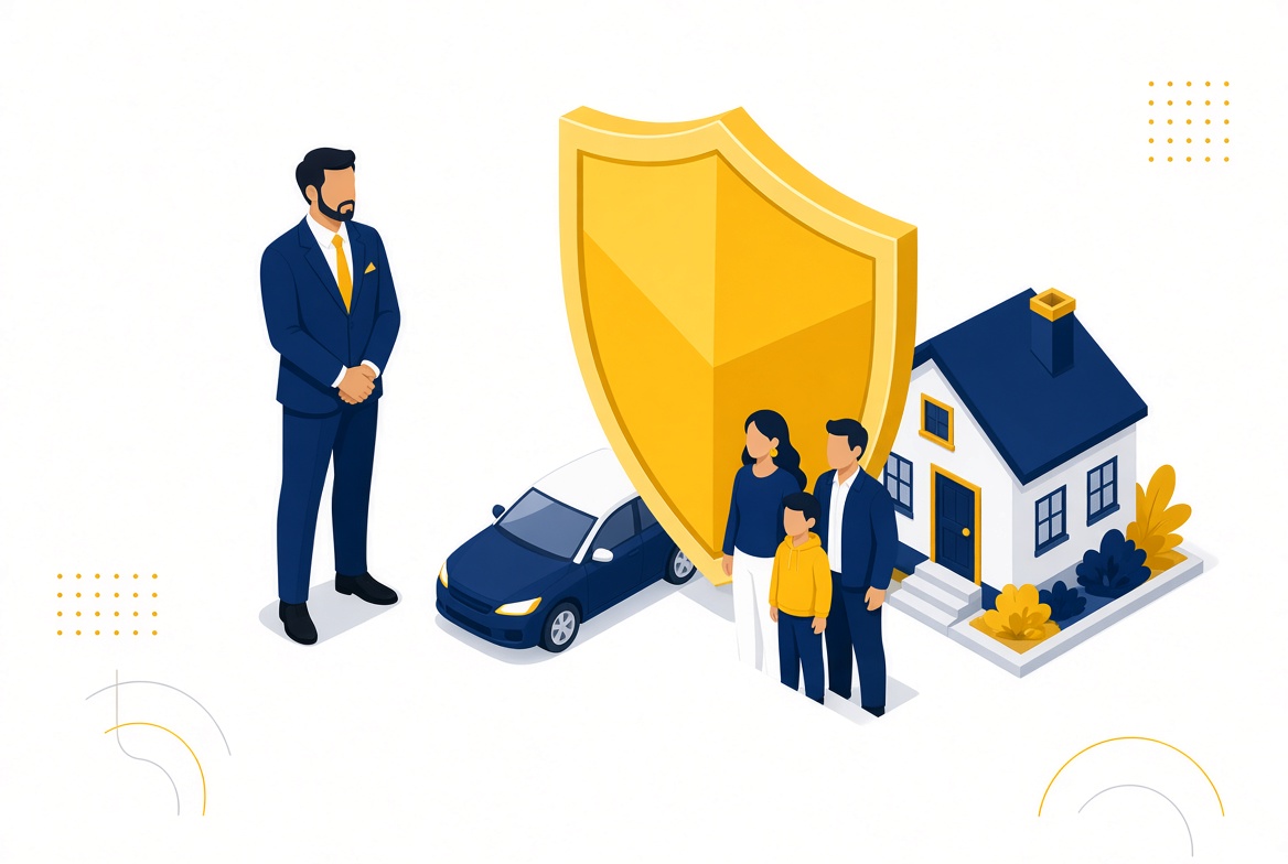 Asesor protegiendo familia, auto y casa