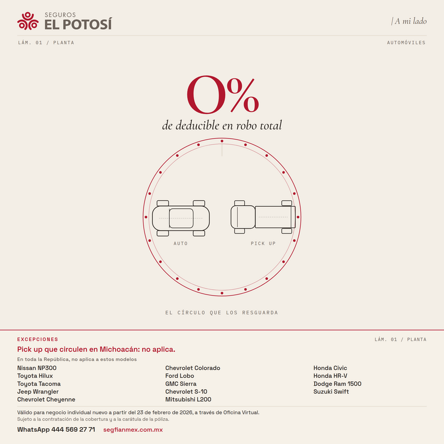 0% de deducible en robo total, Seguros El Potosí